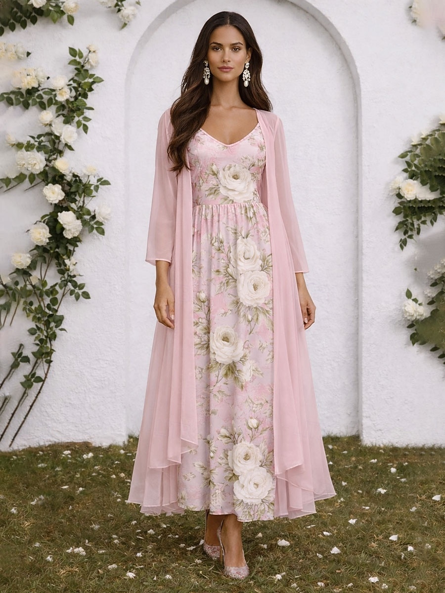 Γυναικεία Σετ Φόρεμα Φόρεμα σε γραμμή Α Κομψό Διακοπές Φλοράλ Γραφική Πολυεπίπεδο Στάμπα Μακρύ φόρεμα 3/4 Μήκος Μανικιού Λαιμόκοψη V Επίσημο Ανθισμένο Ροζ Βυσσινί Πράσινο του τριφυλλιού 2026 - $51.99 –P1