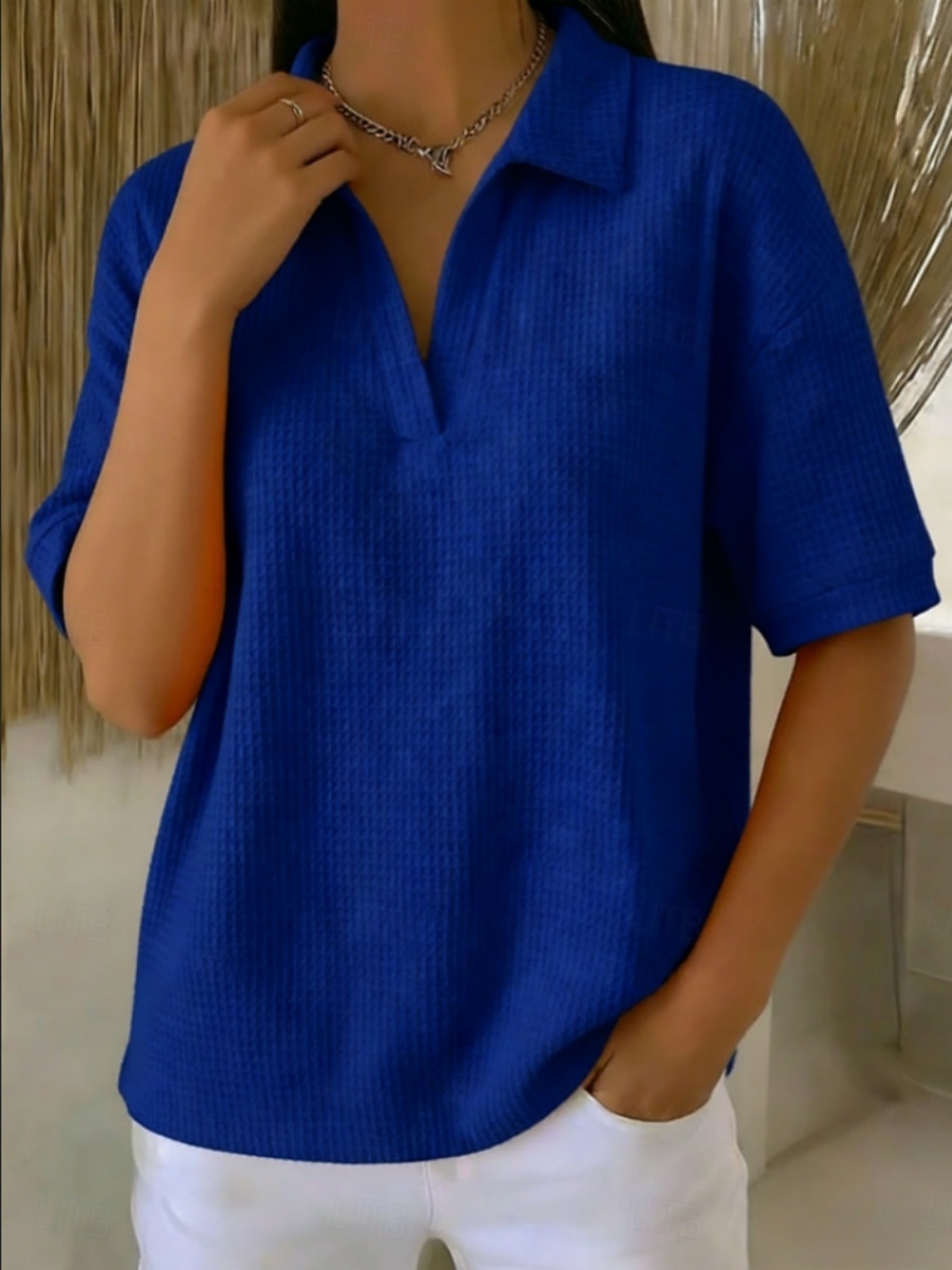 Dámské Tričko Polokošile Trička Vaflově pletené topy Bez vzoru Módní stylové Základní Krátký rukáv Košilový límec Běžné topy Denní Jdeme ven Víkend Vodní modrá Černá Bílá Oranžová Trávová zelená Léto 2026 - $27.99 –P8