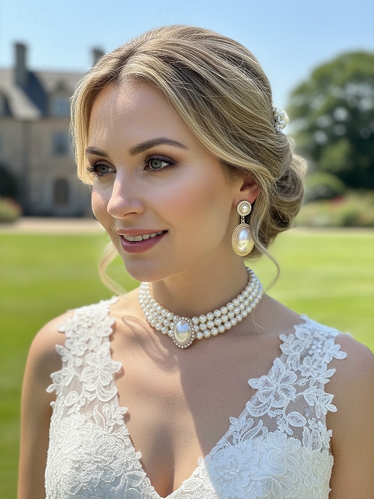 Женский комплект из ожерелья и сережек из искусственного жемчуга, винтажное элегантное многослойное колье-чокер с овальным кулоном, классические свадебные украшения для свадьбы, вечерних вечеринок и торжественных мероприятий. 2026 - $11.99 –P1