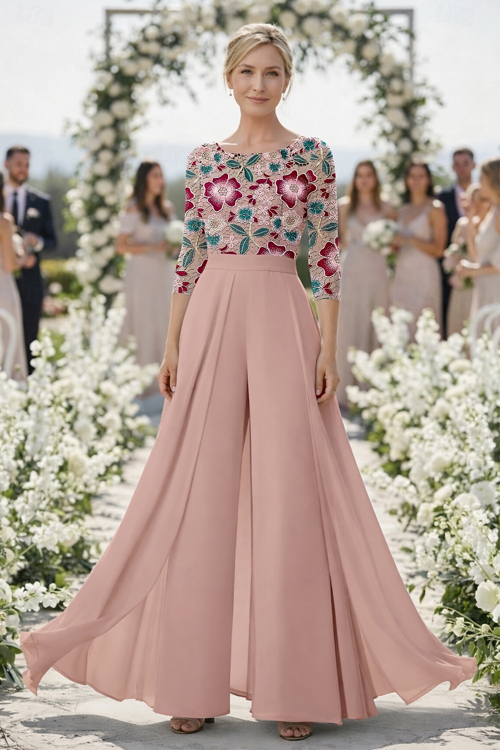 Tute Tuta Completo Pantalone Lunghezza al pavimento Abito Formale Abito da cerimonia per signora Manica 3/4 Scollo a Barca Scollo Tondo Elegante Vintage Formale Ospite di nozze Chiesa Chiffon Pizzo del 2026 a $159.99 –P3