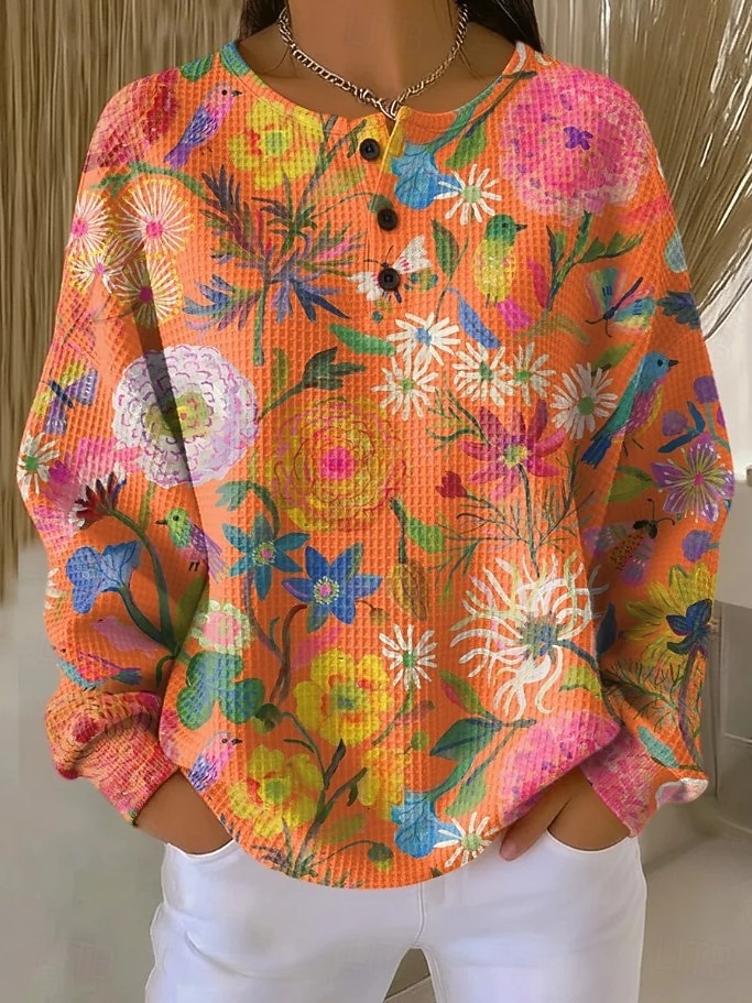 Damen Pullover Sweatshirt Knöpfe Blumen Grafik Mode Lässig Druck Langarm Rundhalsausschnitt Normale Oberteile Lässig Heim Arbeit Blau Schwarz und Rot Hellgrün Purpur Orange Sommer Frühling 2026 - $28.99 –P2