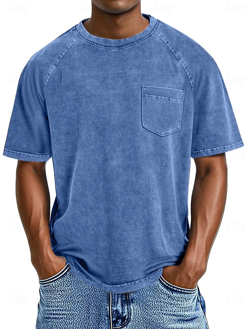 Herren Baumwoll-T-Shirt Gewaschenes Hemd T-Shirt Kurzarm Rundhalsausschnitt Sommer Frühling Ganzjahres Einfarbig Einfach Retro Vintage Betrübt Tasche Stückgefärbt Gewaschen Lässig Urlaub Straße 2026 - $28.99 –P1