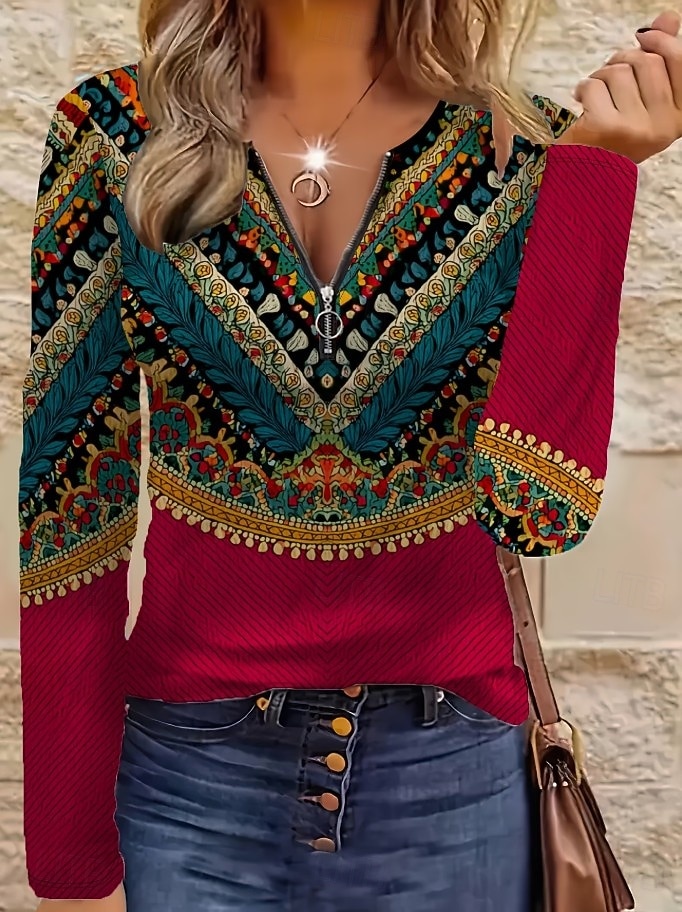 Per donna Maglietta Cerniera Stampato Grafico Tribale Moda Casual Manica Lunga Girocollo Scollo a V Top Regolari Quotidiano Marrone Scuro Nero Rosso Verde Primavera Autunno del 2026 a $25.99 –P2
