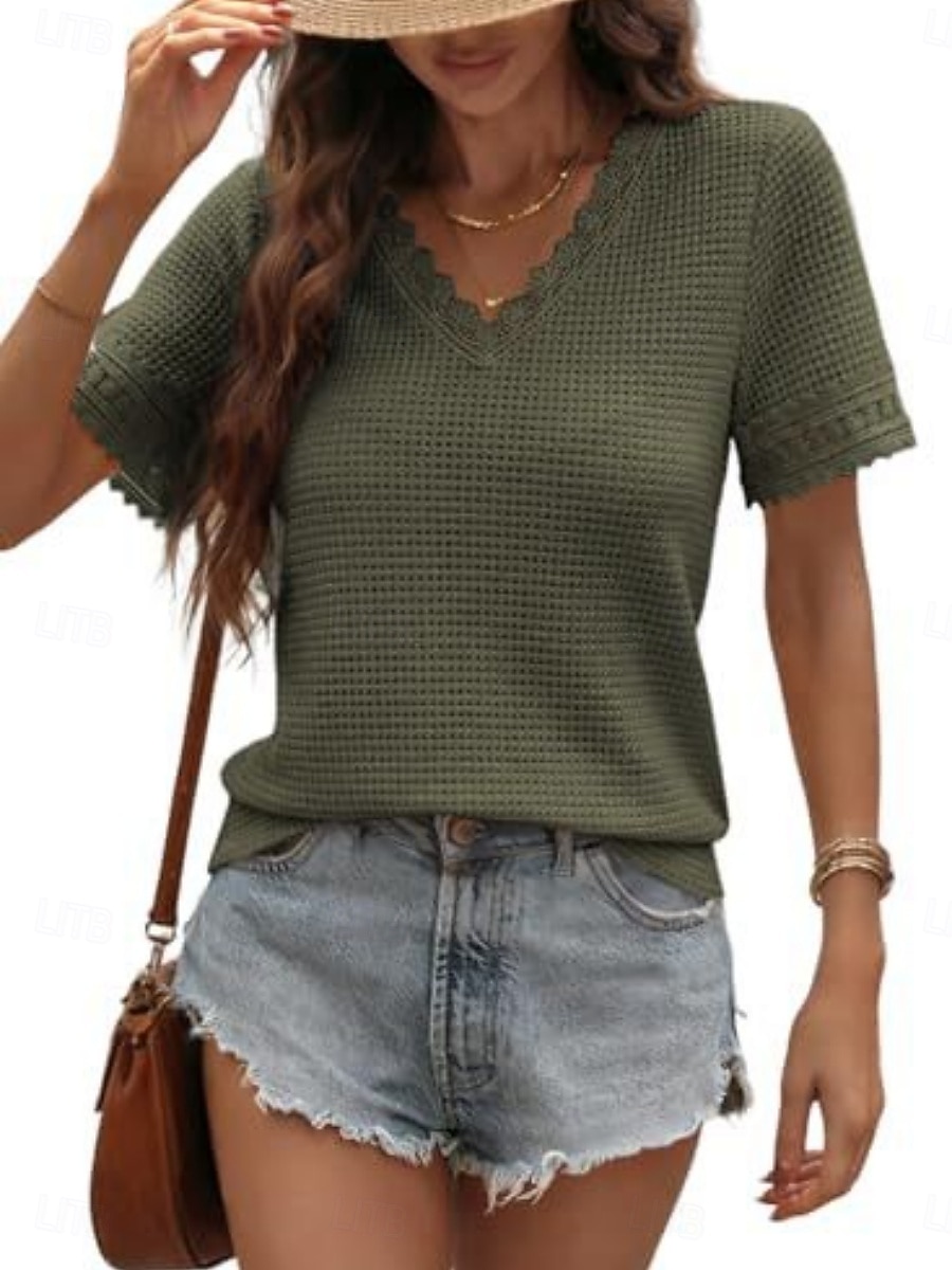 Dames T-shirt Kant Lapwerk Effen Modieus Stijlvol Klassiek Korte mouw V-hals Normale tops Dagelijks Uitgaan Weekend blauw Zwart Wit Leger Groen Groen Zomer Lente 2026 - $25.99 –P19
