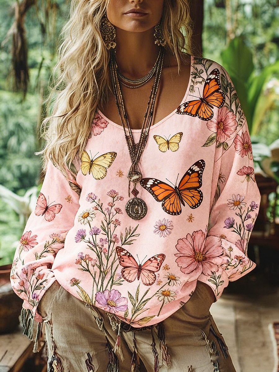 Dames Boho-T-shirt T-shirt Afdrukken Bloemig Vintage Etnisch Casual Lange mouw V-hals Normale tops Dagelijks Weekend Vakantiekleding Blozend Roze Zomer Lente Herfst 2026 - $27.99 –P1