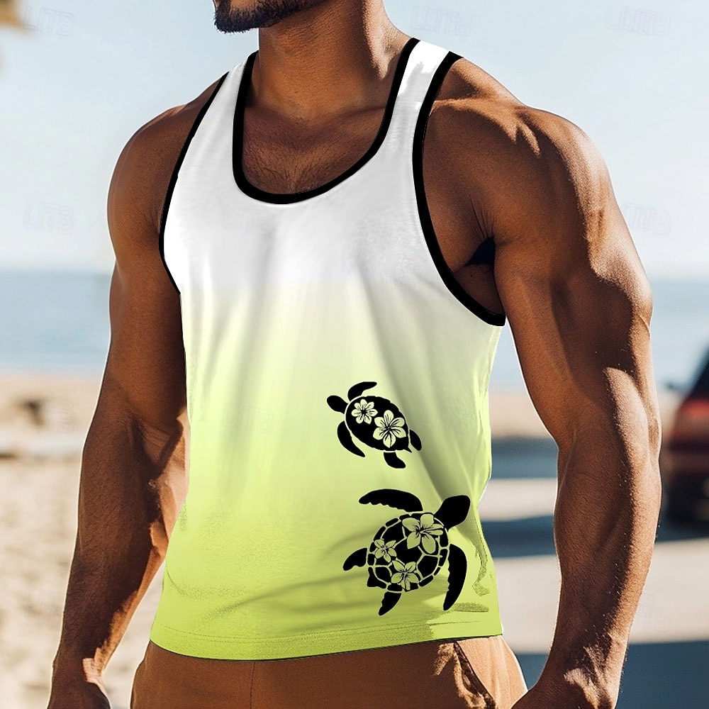 Camiseta sin mangas con estampado de tortuga marina, flor de hibisco, estilo hawaiano tropical, estilo náutico, degradado, cuello en U, para verano, playa, vacaciones, surf, ropa informal, tallas S, 2026 - $17.99 –P3