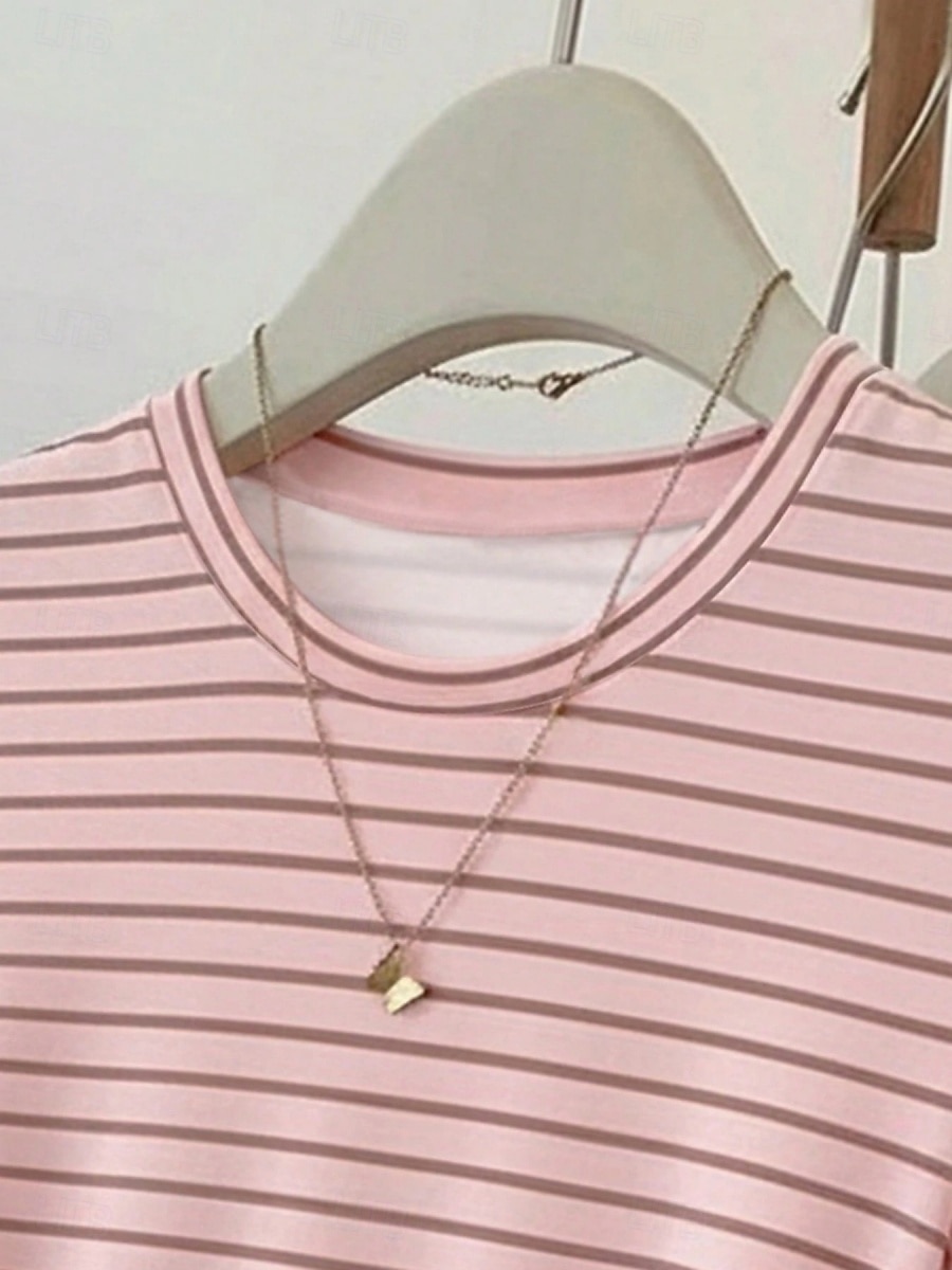 Damen T Shirt T-Shirt Druck Gestreift Mode Stilvoll Klassisch Kurzarm Rundhalsausschnitt Normale Oberteile Täglich Ausgehen Wochenende Blau Rosa Sommer Frühling 2026 - $19.99 –P5