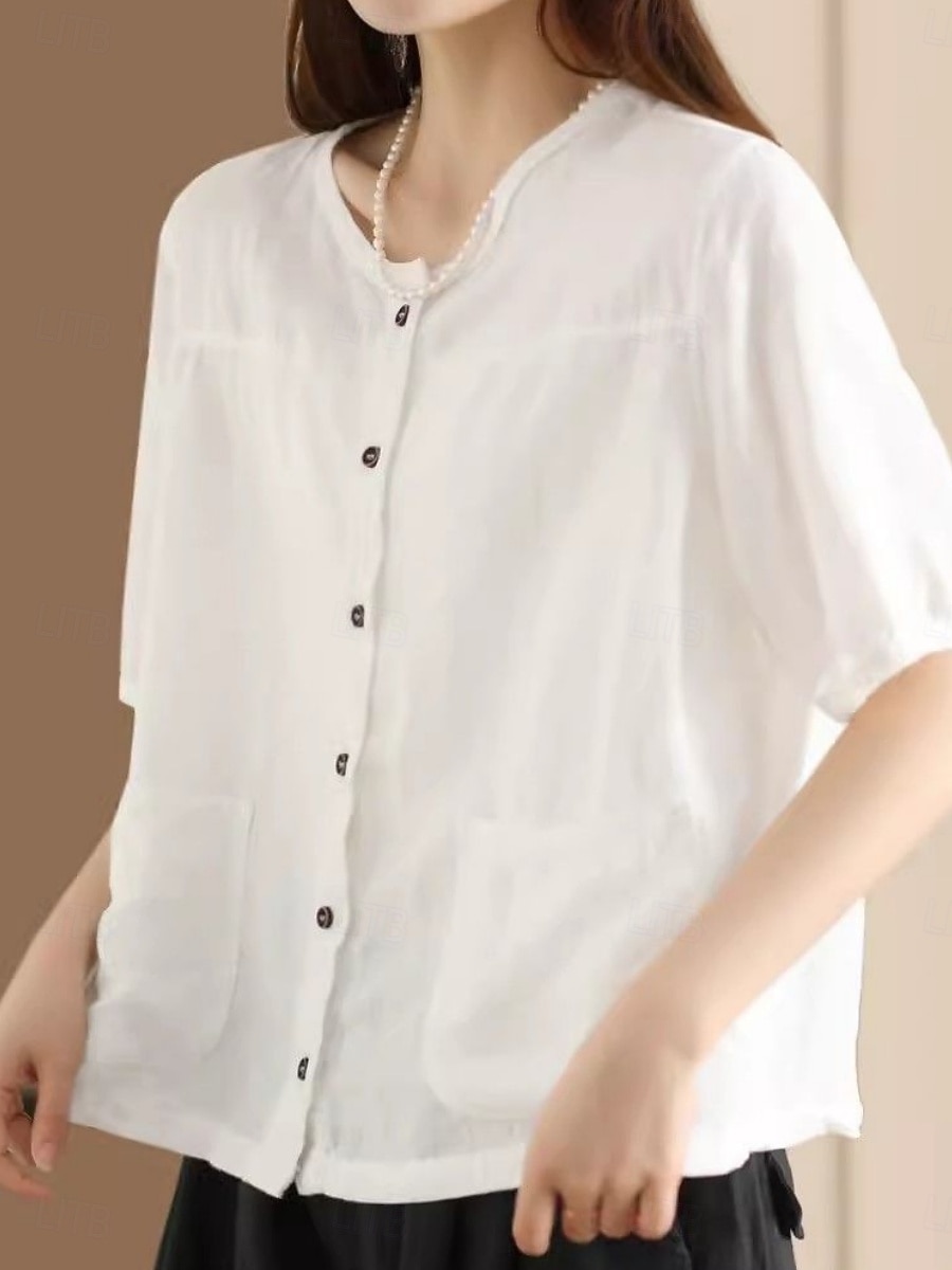 Women's Blouse Faux Linen Shirt Pocket Buttons Solid Color Daily Casual Half Sleeve Crew Neck Regular Tops Daily Black White Pink Brown Green Summer Spring 2026 - $21.99 –P3