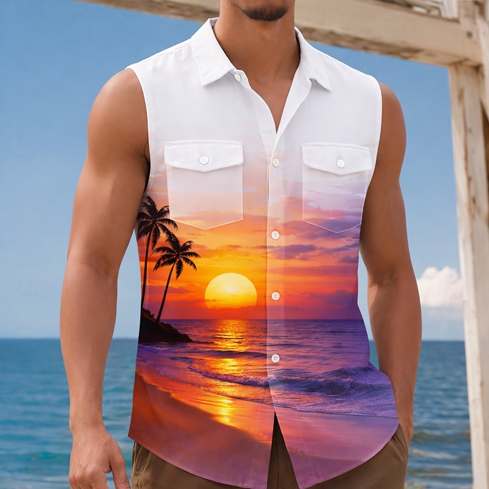 Herre Kokosnøttre Natur og landskap Solnedgang Skjorte Hawaii skjorte Aloha skjorte Ermeløs Feriested Strandferie Sommer Vår Aftæpning 3D-utskrift To lommer foran Skjorter med knapper Blå Rosa Lilla 2026 - $25.99 –P1