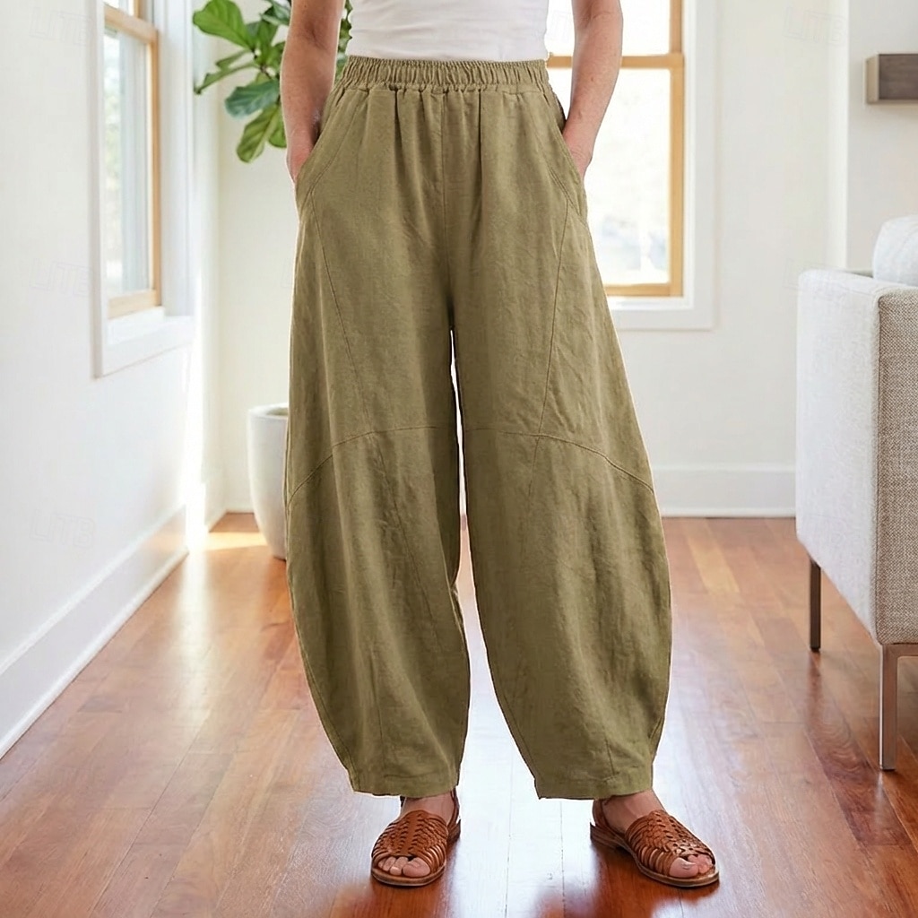 Dam Byxor av linne i bomull Kinesiska Sommarbyxor underbyxor Semester Streetwear Grundläggande Fullängd Medium Midja Slät Ficka Elastiskt midjeband Bekväm Komfort Microelastisk Dagligen Utomhus Gata 2026 - $49.99 –P8