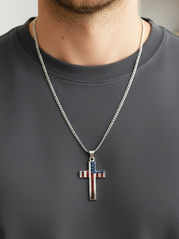 שרשרת תליון צלב דגל אמריקאי לגברים מפלדת אל-חלד, עמידה ומסוגננת, מושלמת ליום העצמאות, יום השנה ה-250 לארה"ב וללבוש יומיומי קז'ואל 2026 - $11.99 –P2
