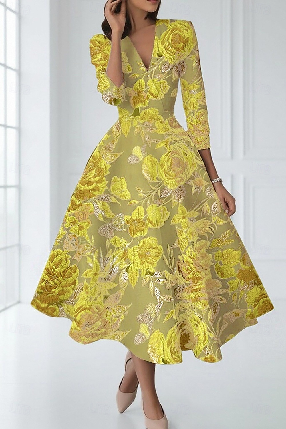 A-lijn Tot de enkel Cocktailjurken Elegant Bloemig 3/4 mouw V-hals Bruiloft Formeel Jacquard met Bloemenprint Plooien 2026 - $176.39 –P3