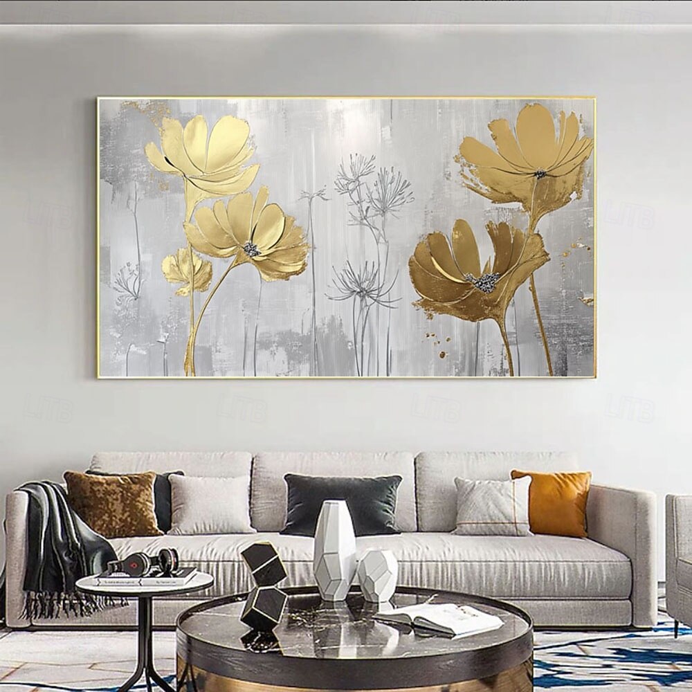 Handmade Gold White Flower Oil Painting Canvas Wall Art Decor Original ...