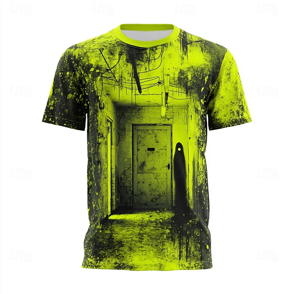 T-shirt da uomo in stile industriale giallo neon con silhouette in ombra, stile grunge, cyberpunk, streetwear, audace, tecnico, taglia normale, casual, abbigliamento rave, abbigliamento s m l xl xxl del 2026 a $21.99 –P3