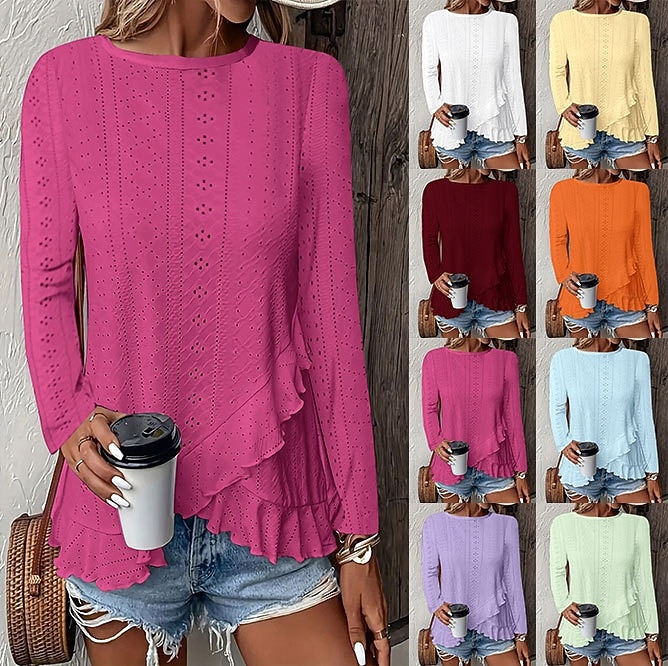 Pasqua Per donna Camicia traforata Top traforato Blusa Volant Traforato Tinta unica Elegante Essenziale Casual Manica Lunga Girocollo Top Regolari Casuale Quotidiano Spiaggia Blu Bianco Giallo Vino del 2026 a $21.99 –P1