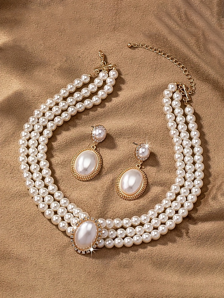 Женский комплект из ожерелья и сережек из искусственного жемчуга, винтажное элегантное многослойное колье-чокер с овальным кулоном, классические свадебные украшения для свадьбы, вечерних вечеринок и торжественных мероприятий. 2026 - $11.99 –P6