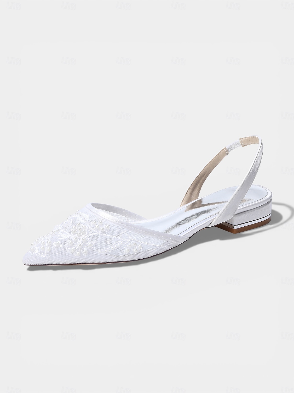 damskie granatowe, siateczkowe, płaskie buty typu slingback, zdobione perłami, ze spiczastym noskiem, dla druhen na wesela w ogrodzie 2026 - $59.99 –P2