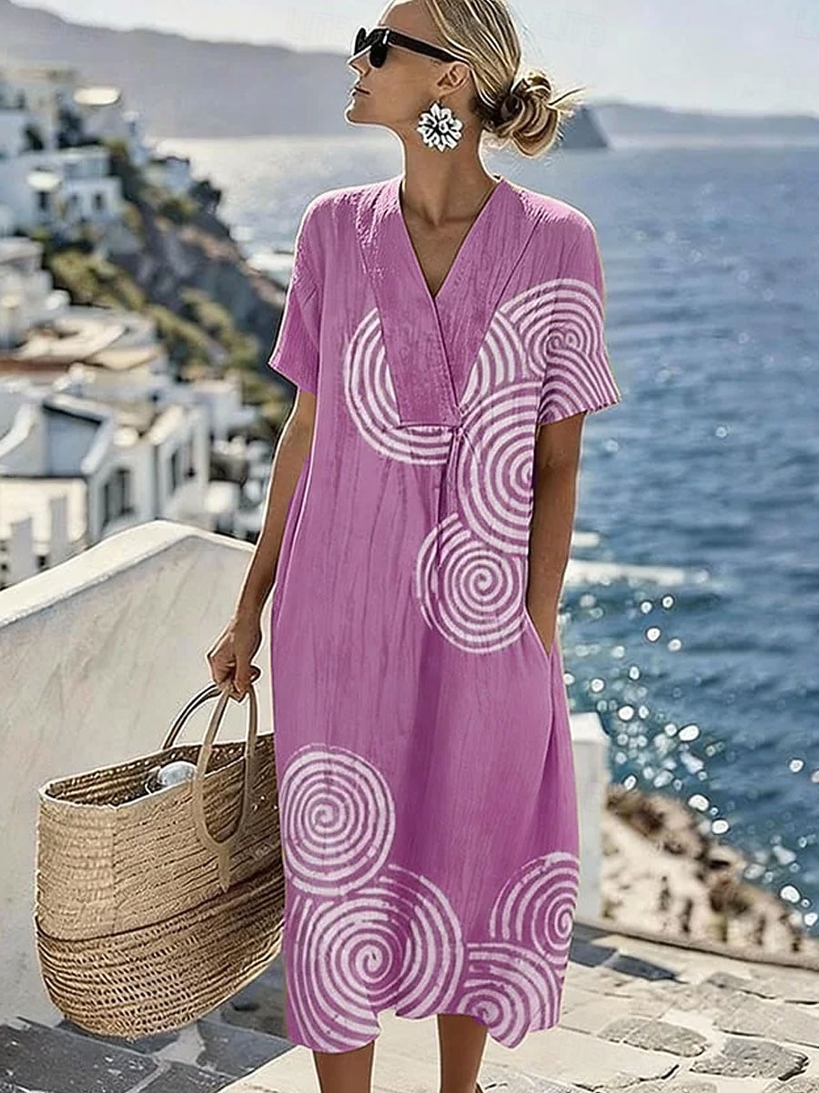 Dame Midikjole Solkjole Kjole med A-linje Ferie Fritid Strandstil Strand Fest Løstsittende Grafisk Geometrisk Kortermet V-hals Blå Lilla Grønn Kakifarget Sommer Vår 2026 - $15.99 –P4