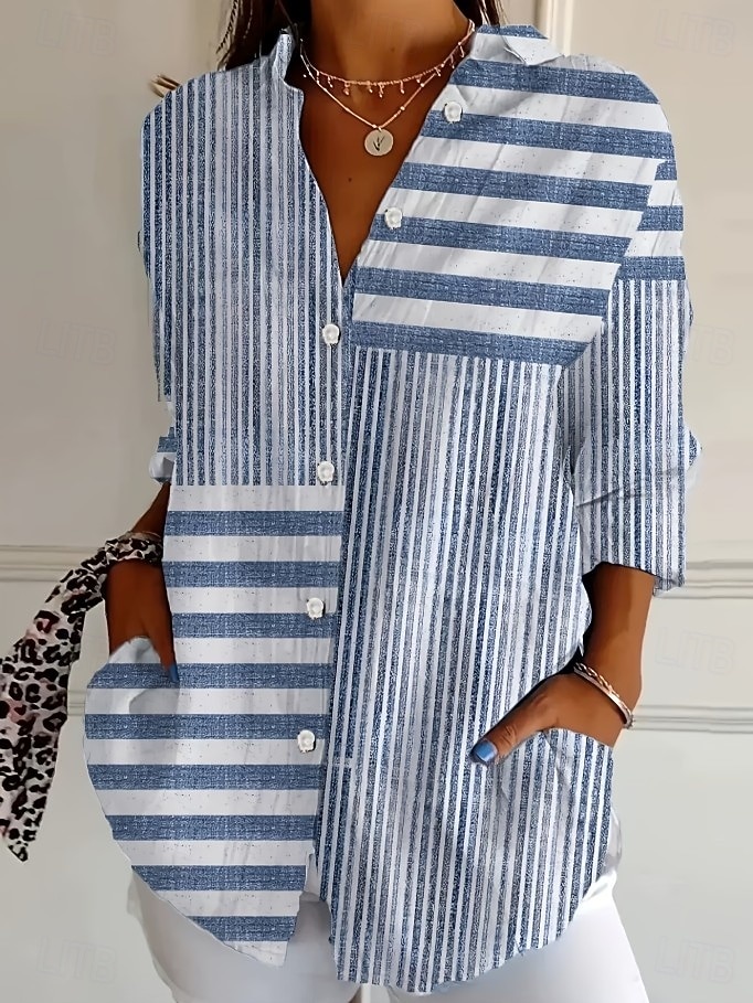 Dam Skjorta Blus Lappverk Knappar Mönster Grafisk Geometrisk Rutig Vintage Tropisk Dagligen Långärmad Tröjkrage Långa toppar Dagligen Blå Svart Rubinrött Marinblå Orange Sommar Vår 2026 - $32.99 –P8