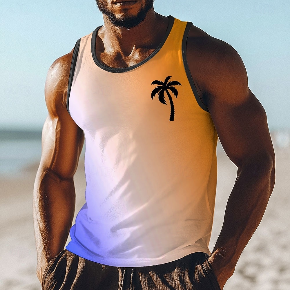 Canotta da uomo senza maniche, scollo a U, estiva, ciano, azzurro, giallo sfumato, sfumato, minimalista, nero, palma, spiaggia tropicale, vacanza, moda, strada, casual, sportivo, t-shirt per uomo del 2026 a $17.99 –P2