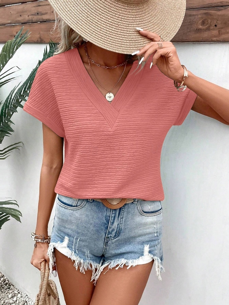 Mulheres Camiseta T-shirt Côr Sólida Moda à moda Clássico Manga Curta Decote V Tops regulares Diário Para Noite Final de semana Rosa Verde Tropa Vermelho Marron Verde Verão Primavera de 2026 por $21.99 –P2