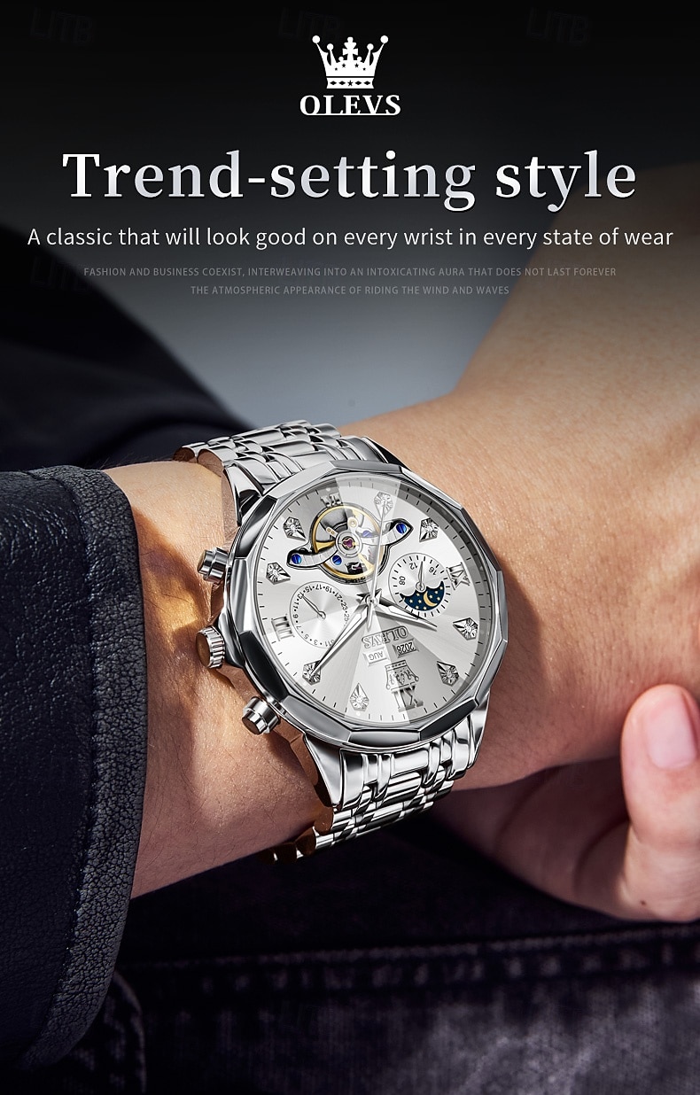 Ανδρικό ρολόι Olevs 6621, αυτόματο μηχανικό επαγγελματικό ρολόι, αδιάβροχο, φωτεινό, αέναο ημερολόγιο, φάση σελήνης, ρολόγια από ανοξείδωτο ατσάλι 2026 - $104.99 –P7