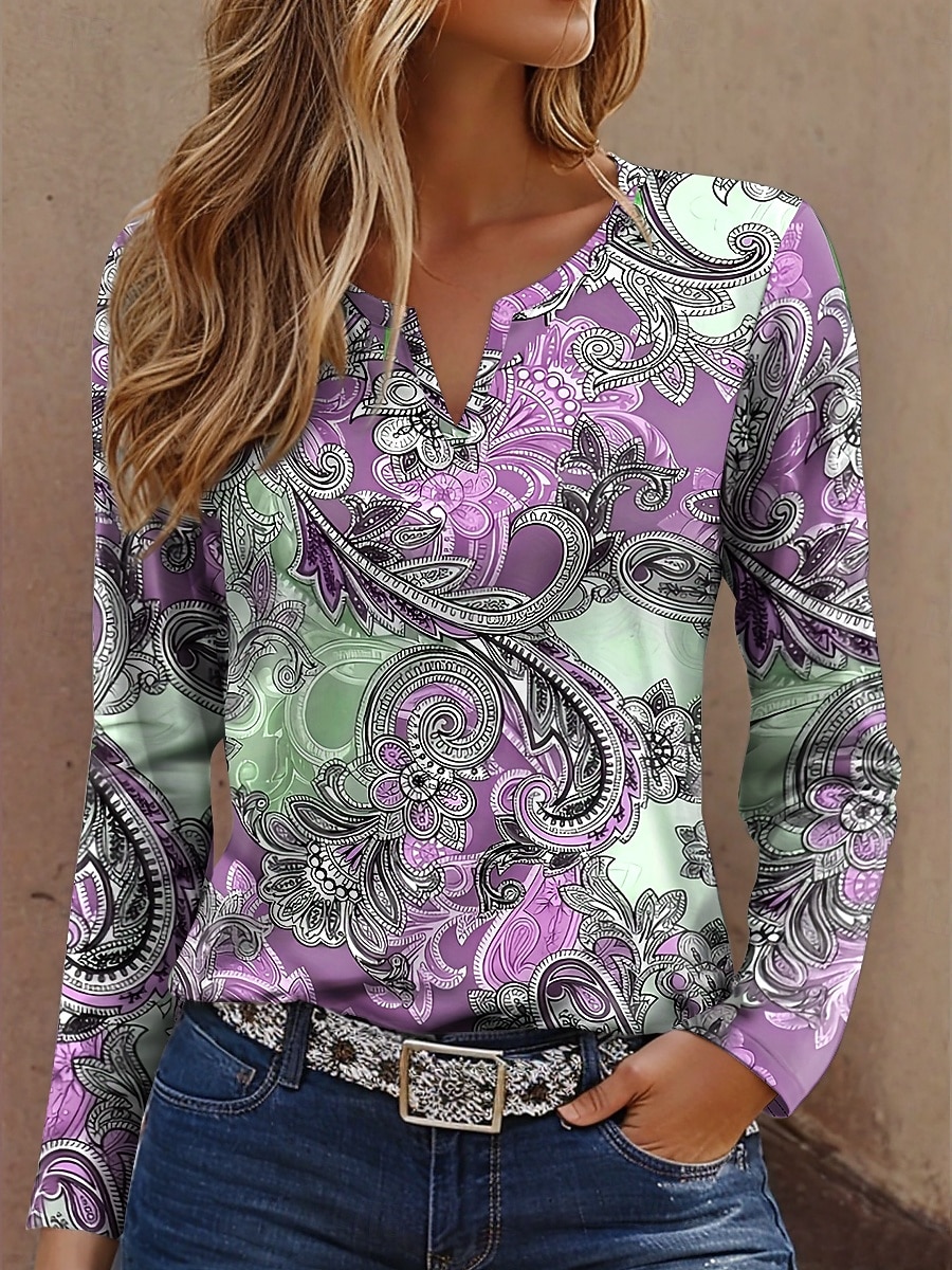 Dames T-shirt Afdrukken Grafisch Geometrie Vintage Modieus Modern Lange mouw Gekerfde nek Normale tops Dagelijks Weekend blauw Geel Paars Groen Zomer Lente 2026 - $24.99 –P3