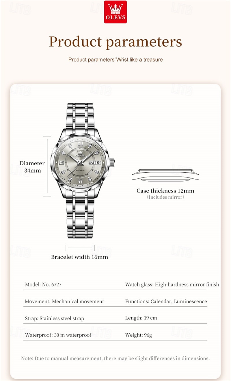 New Olevs Brand Ladies' Business Watch With Luminous Display, Calendar And Week Indication, Fully Automatic Mechanical Movement, Diamond-Set Rhombus Shape, Water-Resistant, Suitable For Casual And Spo 2026 - $94.99 –P8