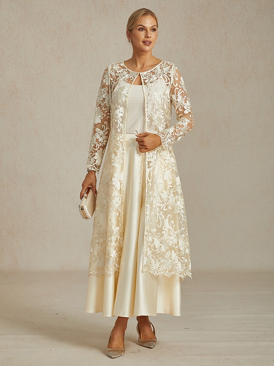 Per donna Giacca Traspirante Pizzo Ricamo Elegante Floreale Quotidiano Anniversario Ospite di nozze Bottone frontale Lungo Girocollo Vestibilità regolare Manica Lunga Capispalla Champagne Estate del 2026 a $81.99 –P3