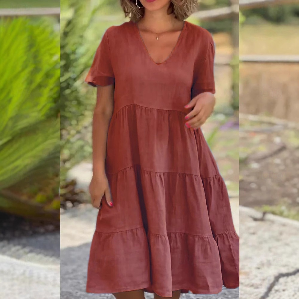 Dame Mini kjole Imitert bomullslin Uformell kjole Bomullskjole Elegant Mote Moderne utendørs Feriereise Ut på byen Løstsittende عادي Kortermet V-hals Blå Svart Rød Oransje Sommer Vår 2026 - $21.99 –P5