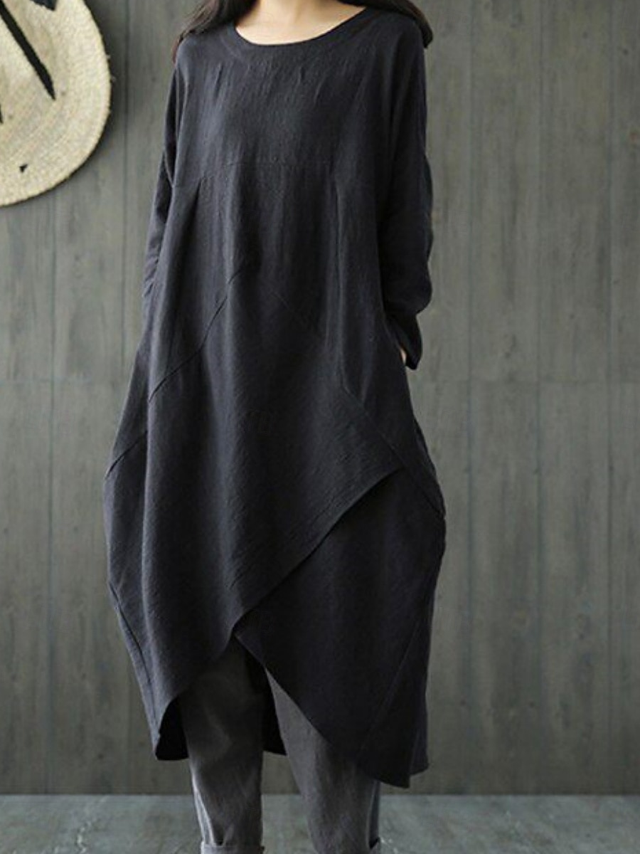 Women's Midi Dress Shift Dress Casual Daily Loose Fit Plain 3/4 Length Sleeve Crew Neck Black Green Gray Summer Fall Autumn 2026 - $24.99 –P6