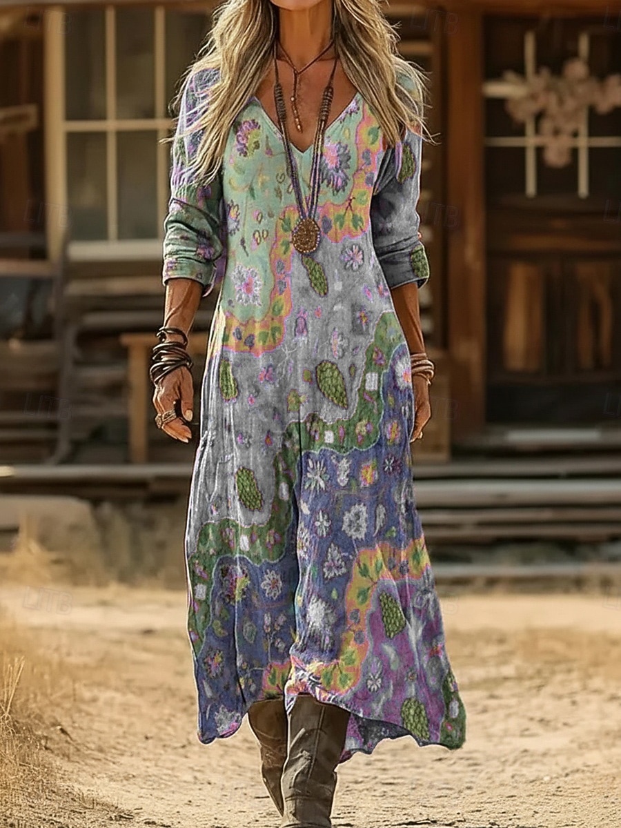 Mujer Vestido largo maxi Vestido bohemio Vestido vintage Vestido informal Vintage Diario Exterior Vacaciones Ajuste regular Floral Manga Larga Escote en Pico Azul Piscina Morado Verde Trébol Gris 2026 - $37.99 –P6