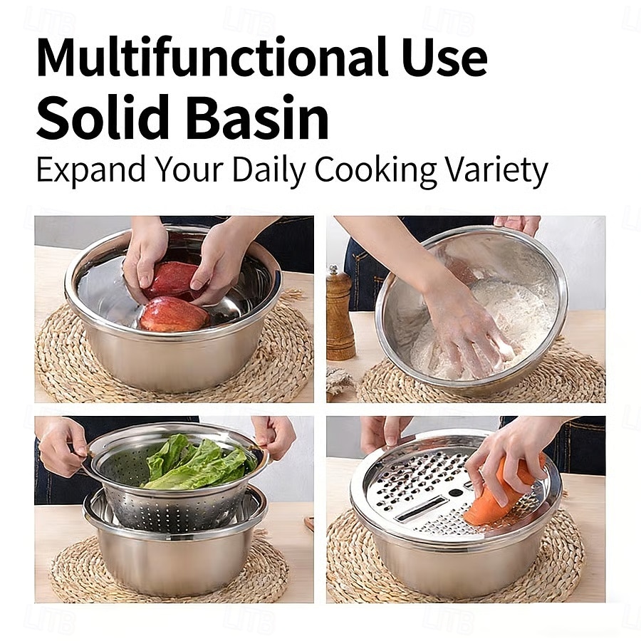 3-delige roestvrijstalen keukenset met geïntegreerde hakmolen, multifunctioneel filter en mengkom, ideaal voor het schoonmaken en snijden van fruit, groenten en kaas, perfect voor thuis koken, 2026 - $21.99 –P11