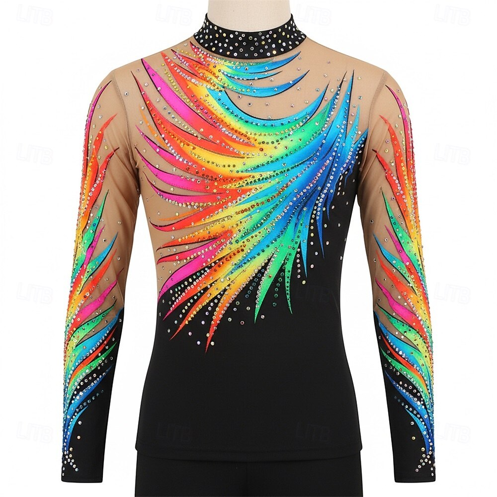 Figure Skating Top Men's Ice Skating Tops Black Patchwork Open Back Stretchy Training Competition Skating Wear Classic Crystal / Rhinestone Long Sleeve Ice Skating Figure Skating 2026 - $348.79 –P1