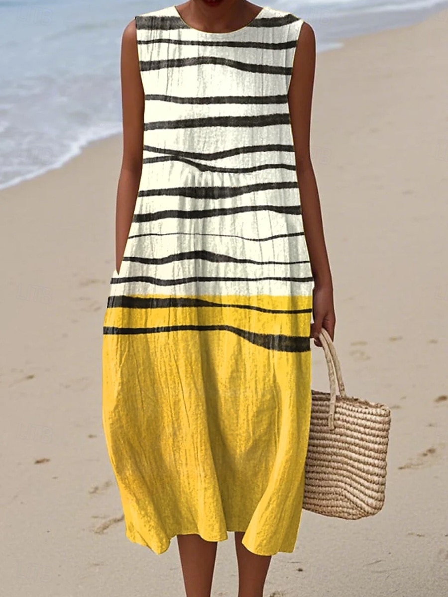 Women's Midi Dress Shift Dress Sundress A Line Dress Vacation Casual Boho Beach Going out Loose Fit Graphic Geometric Abstract Sleeveless Crewneck White Yellow Green Khaki Summer Spring 2026 - $37.99 –P3