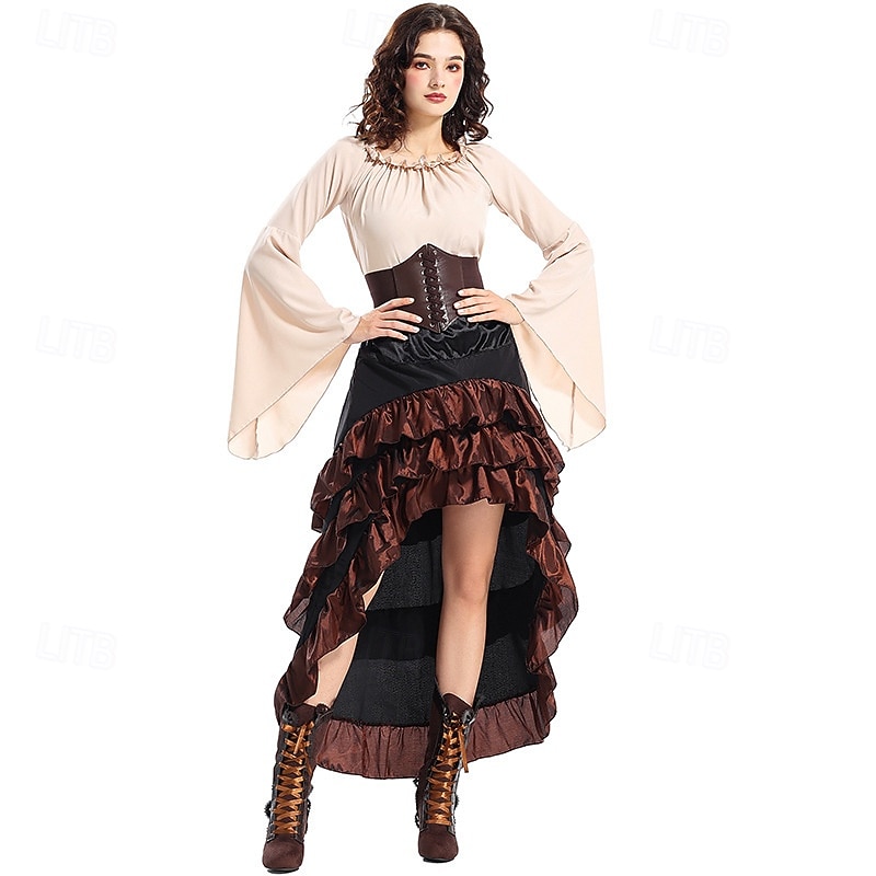 Set Gotico Medievale Rinascimento Gonna Blusa / Camicia Corsetto Lunghe Pirata Linea ad A Scollo Tondo Costume Per donna Halloween Carnevale Fiera Rinascimentale LARP Festa a tema retrò Adulti del 2026 a $78.99 –P1