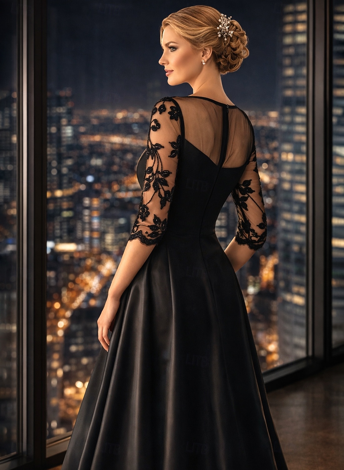 Linia -A Lungime Podea Rochie pentru invitata de nunta Rochie formala Rochie Flare Rochie Mama Miresei Lungime Manșon 3/4 Bijuterie Elegant Mamă Invitat la nunta Satin cu Mărgele Aplică 2026 - $206.99 –P2