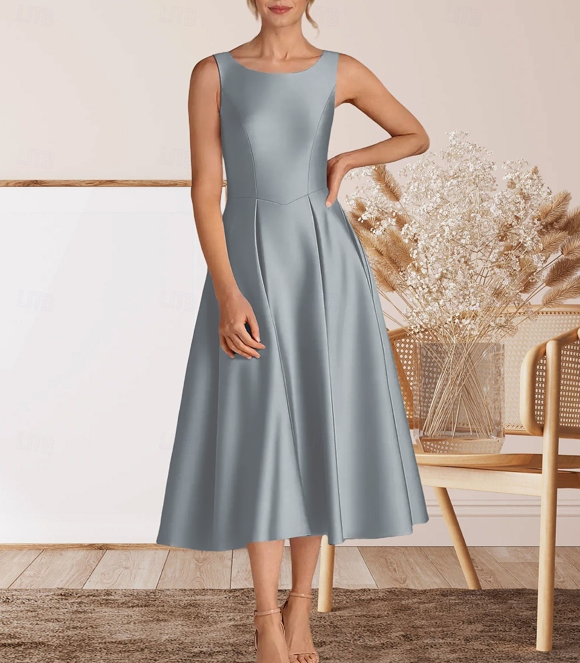 A-Line Tea Length Prom Dresses Elegant Party Sleeveless Crew Neck  Homecoming Cocktail Party Satin with Pleats 2026 - 119.99
