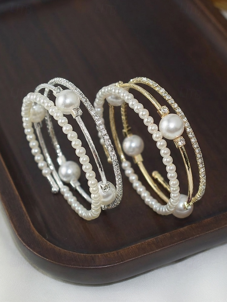 Armbåndssett med tre lag i kunstperlelegering til dame, stablebare armbånd i gull og sølv med elegante perler og krystalldetaljer, vintage brudesmykker til bryllup, kveldsfester og formelle arrangementer 2026 - $7.99 –P5