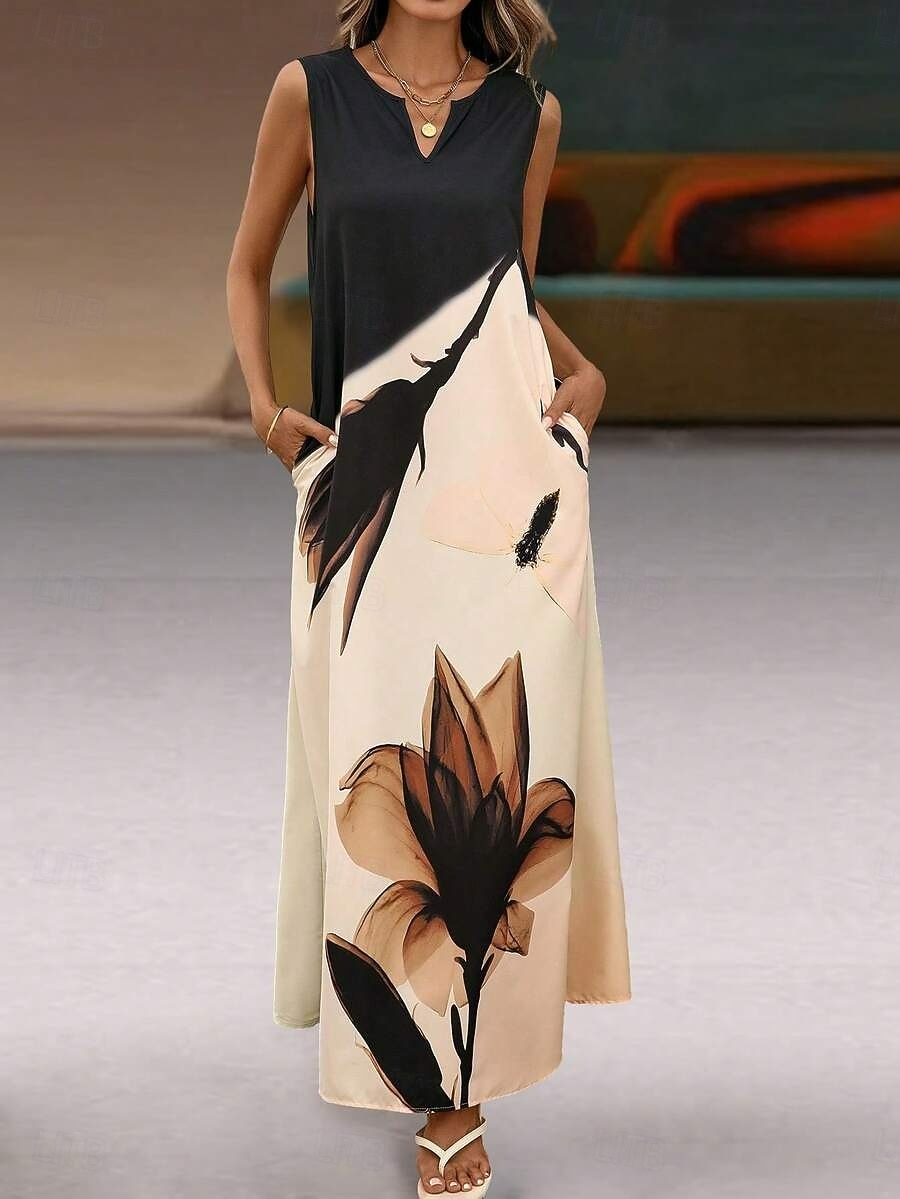 Damen Maxikleid Sommerkleid A Linie Kleid Party Lässig Boho Ferien Normale Passform Blumen Grafik Farbblock Ärmellos V Ausschnitt Beige Sommer Frühling Herbst Winter 2026 - $39.99 –P5