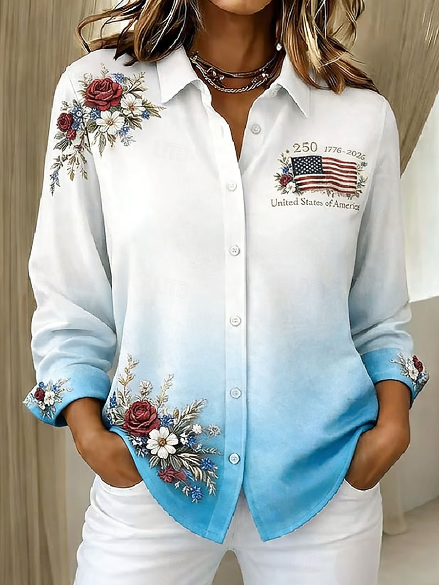 Jour de l'Indépendance Américaine Femmes Chemise Boutons Imprimé Fleuri Graphique Drapeau Élégant ancien Moderne manche longue Col de chemise Hauts Longs Quotidien Travail Bleu Vin Marron Vert Gris de 2026 ? $36.99 –P4