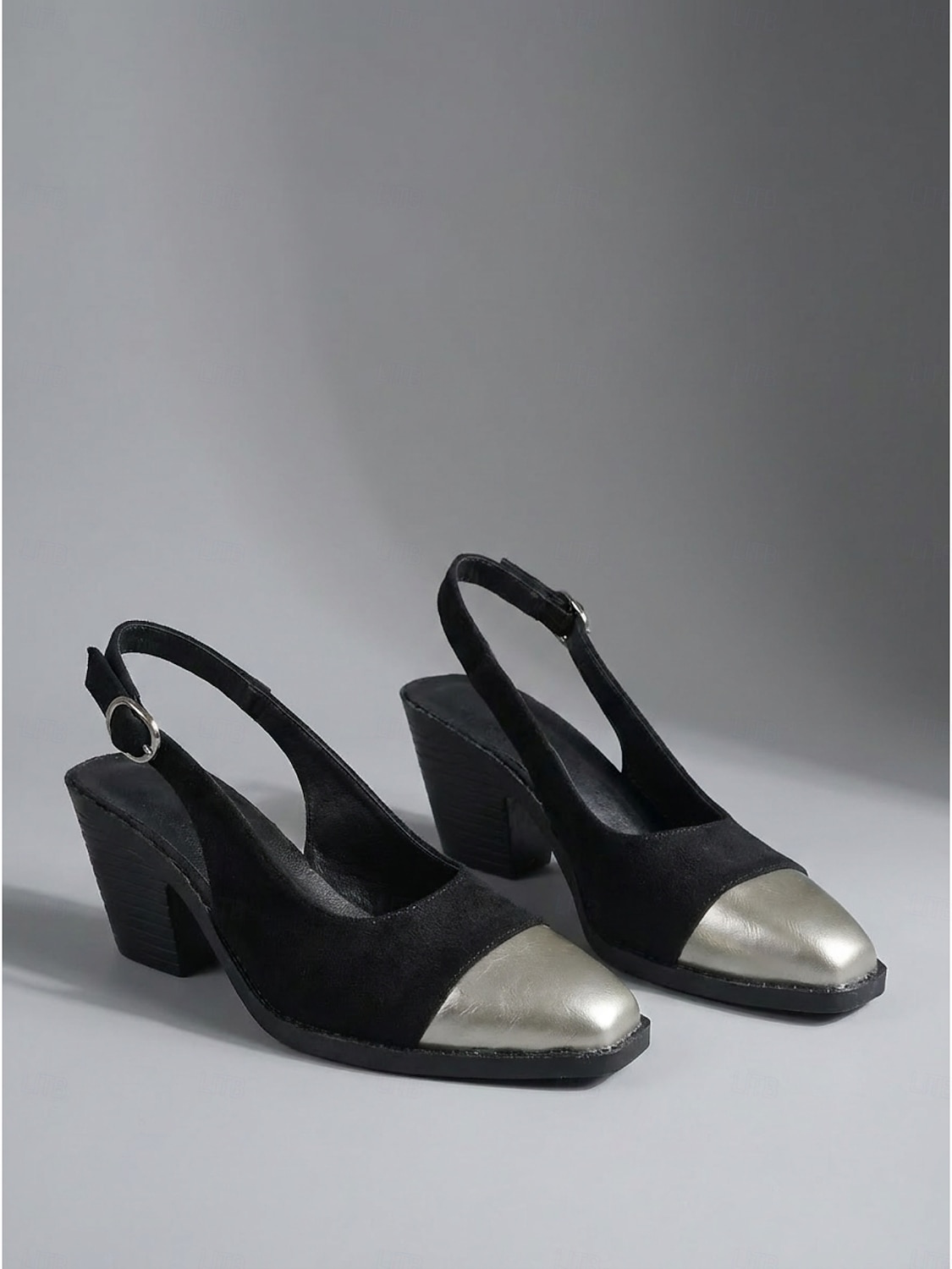 Zapatos de tacón de bloque negros con tira trasera para mujer: zapatos de vestir profesionales de dos tonos con punta puntiaguda y puntera plateada para trabajo de oficina y reuniones. &viaje diario 2026 - $32.99 –P4