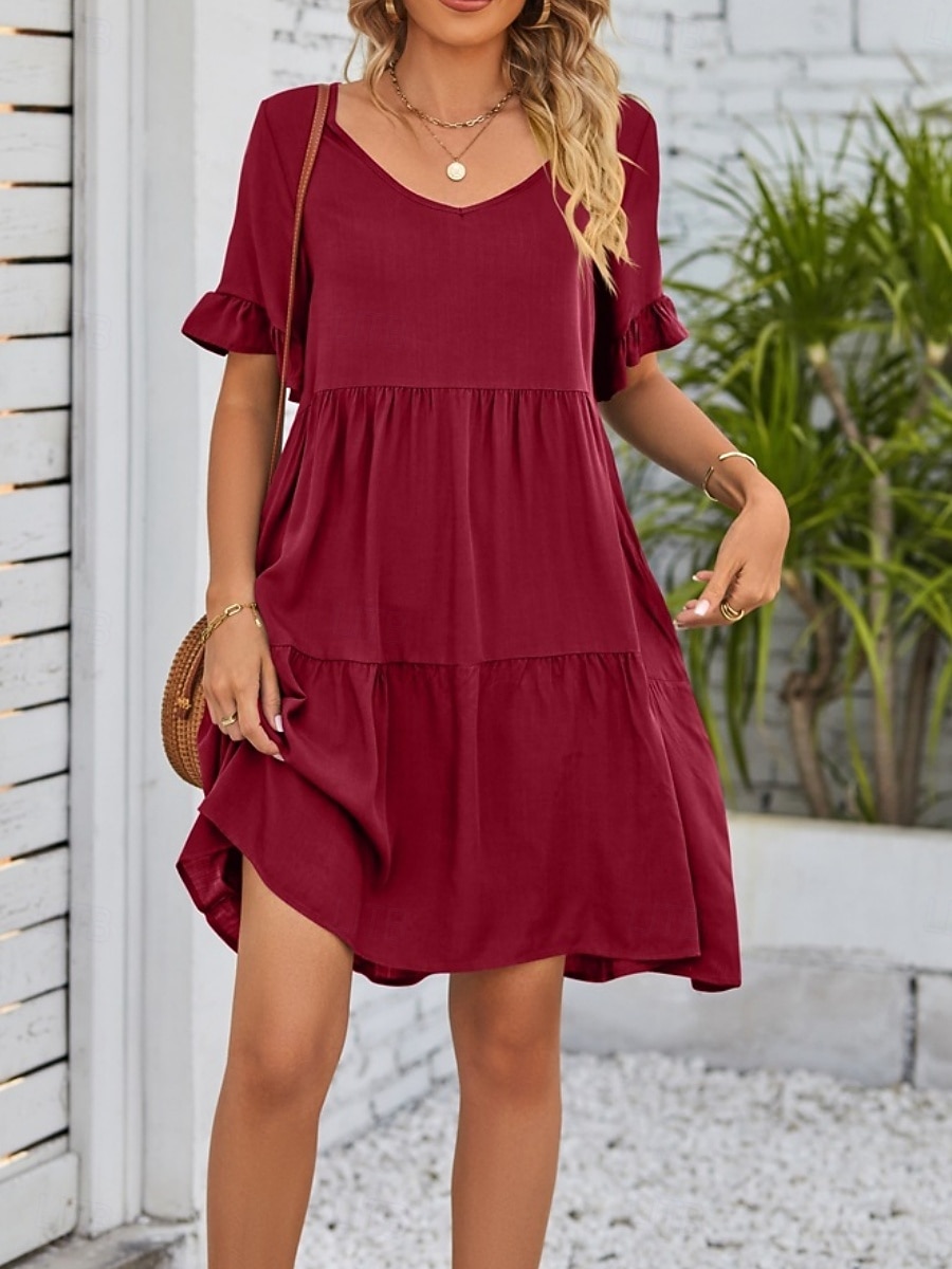 Dames Mini-jurk Casual jurk Katoenen jurk Zomerjurk Elegant Modieus Modern Buiten Vakantie Uitgaan Ruim Passend Effen Korte mouw V-hals Zwart Wit Leger Groen Bordeaux Zomer Lente 2026 - $21.99 –P7