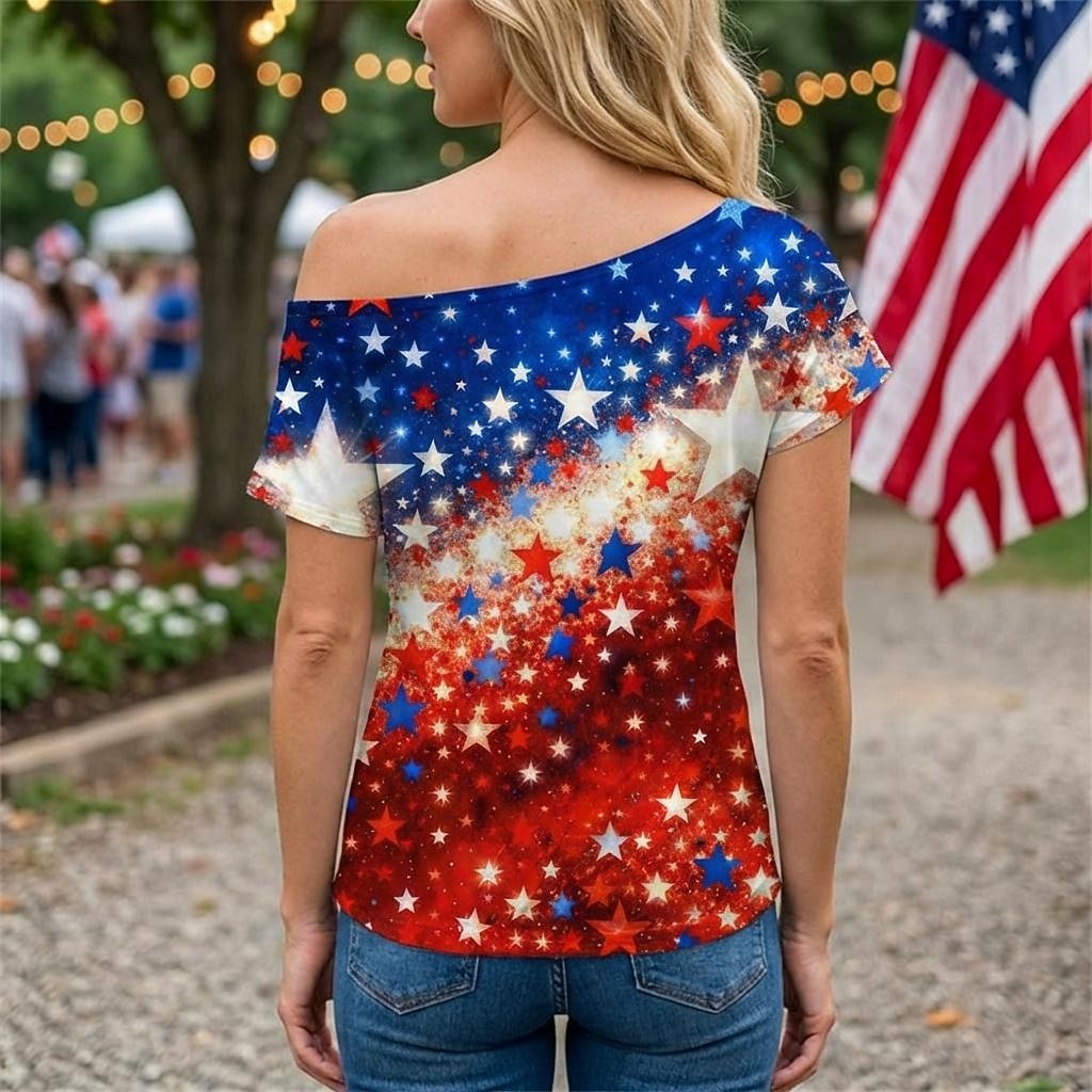 250-jähriges Jubiläum USA Retro Vintage 1980er T-Shirt Ein-Schulter Kurze Ärmel Kostüm Damen 4. Juli Unabhängigkeitstag Erwachsene T-shirt 2026 - $18.99 –P2