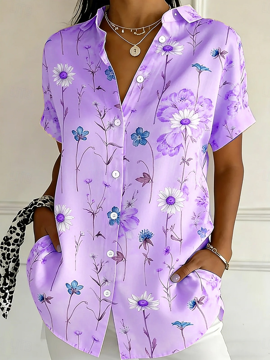 Γυναικεία Πουκάμισο Κουμπιά Στάμπα Φλοράλ Γραφική Βίντατζ Στυλάτο Μοντέρνα Κοντομάνικο Κολάρο Πουκαμίσου Κανονικά μπλουζάκια Καθημερινά Θαλασσί Κίτρινο Ανθισμένο Ροζ Βυσσινί Πράσινο του τριφυλλιού 2026 - $26.99 –P5