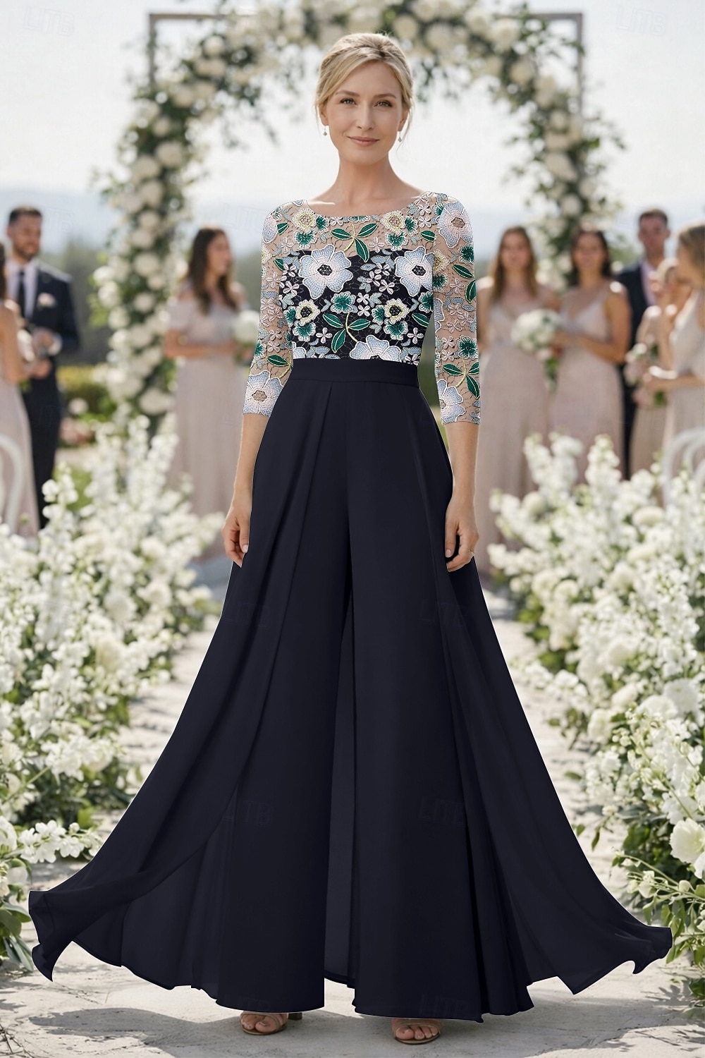 Tute Tuta Completo Pantalone Lunghezza al pavimento Abito Formale Abito da cerimonia per signora Manica 3/4 Scollo a Barca Scollo Tondo Elegante Vintage Formale Ospite di nozze Chiesa Chiffon Pizzo del 2026 a $159.99 –P4