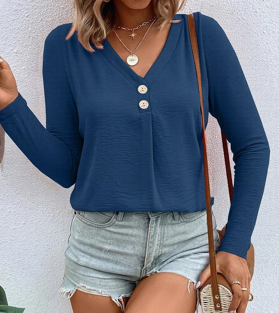 Dámské Tričko Tlačítko Přední S texturou Pevná barva Módní Na běžné nošení Dlouhý rukáv Do V Dlouhé topy Denní Jdeme ven Tmavěhnědá Travní zelená Černá Bílá Rubínově červená Jaro Podzim 2026 - $21.99 –P7