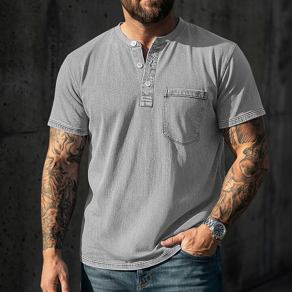 Pánské Tričko Henley Košile ze 100% bavlny Tričko Tričko Krátký rukáv Jednobarevné Retro Na běžné nošení Retro styl Barvení oděvů Vybledlý Henley Ležérní Léto Jaro Podzim Světlá růžová Šedá Tričko 2026 - $31.99 –P4