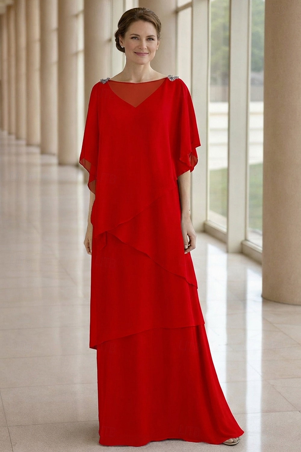 Linea ad A Lunghezza al pavimento Abito da invitata a nozze Abito Formale Abito a Strati Abito da cerimonia per signora Mezza Manica Scollo a Barca Elegante Formale Ospite di nozze Chiffon con Volant del 2026 a $183.99 –P13