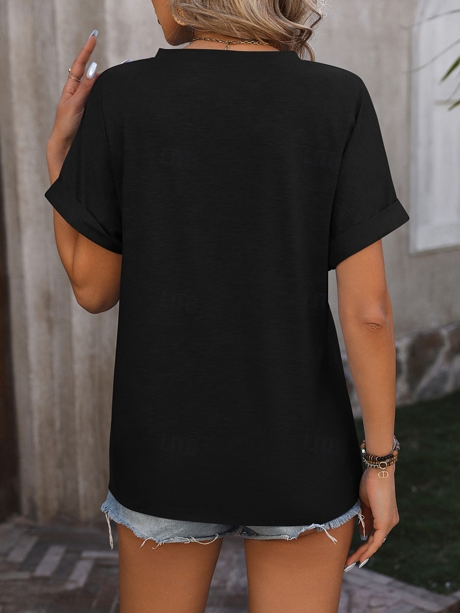 Women's T Shirt Tee Top Buttons Plain Fashion Stylish Classic Short Sleeve V Neck Regular Tops Daily Going out Weekend Black Pink Sky Blue Fuchsia Green Summer Spring 2026 - $21.99 –P12